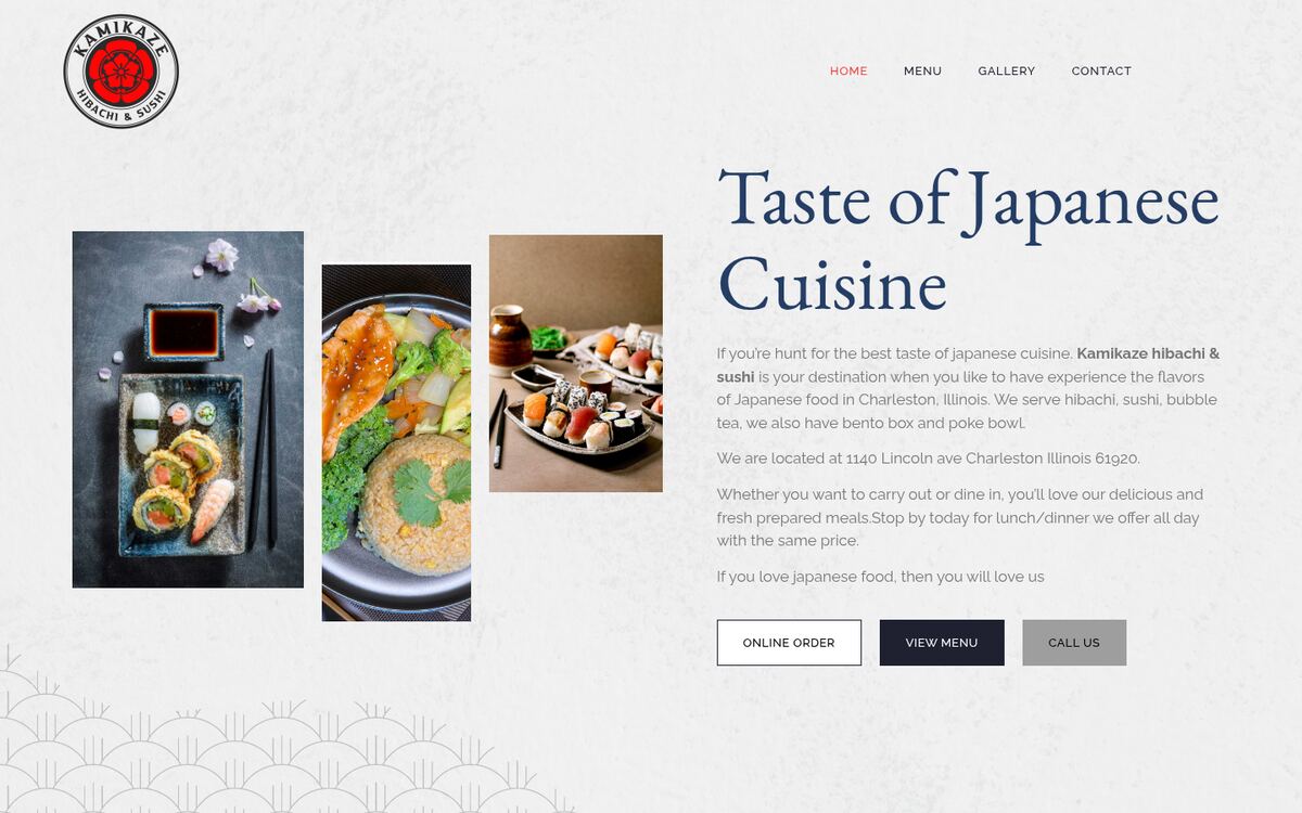Screenshot of the Kamikaze Hibachi & Sushi website